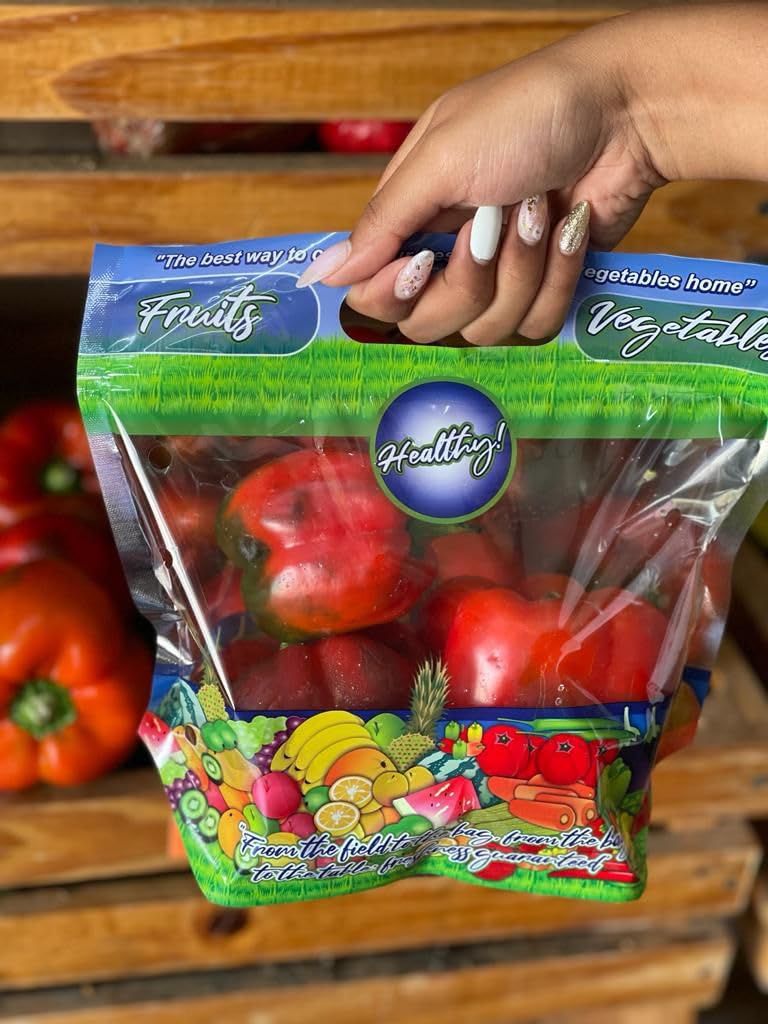 Bolsas transparente ventilada, para frutas y verduras (uvas, manzanas, peras, mangos, etc.), cierre tipo Ziplok, libres de BPA, paquete de 500, medidas10 x 104 cm, 50 micrones de espesor.