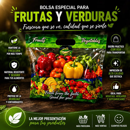 Bolsas transparente ventilada, para frutas y verduras (uvas, manzanas, peras, mangos, etc.), cierre tipo Ziplok, libres de BPA,  paquete de 500, medidas10 x 104 cm, 50 micrones de espesor.